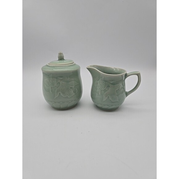 Vintage Chinese Longquan Celadon Green Koi Fish Sugar & Creamer Set 1950-1980 - Picture 1 of 8